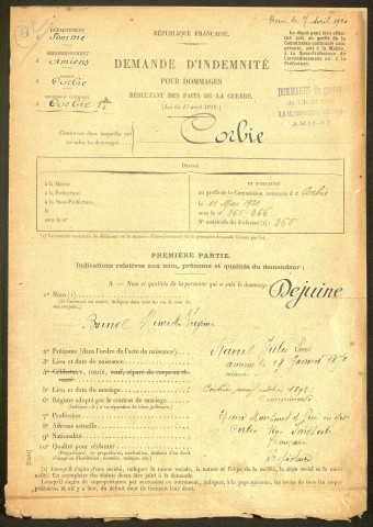 Corbie. Demande d'indemnisation des dommages de guerre : dossier Dejuine-Brunel