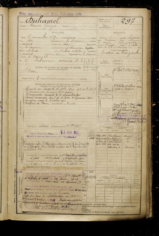 Duhamel, Maurice Georges, né le 15 novembre 1879 à Amiens (Somme), classe 1899, matricule n° 297, Bureau de recrutement d'Amiens