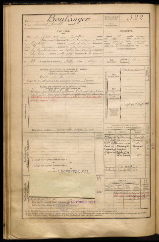 Boulanger, Armand Léopold, né le 06 février 1867 à Viefvillers (Oise), classe 1887, matricule n° 322, Bureau de recrutement de Péronne