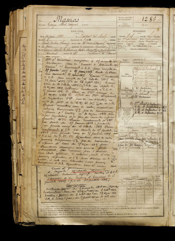 Massias, Georges Albert Edgard, né le 10 juin 1881 à Ressons-sur-Matz (Oise), classe 1901, matricule n° 1286, Bureau de recrutement d'Amiens