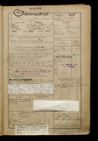 Adriaenssens, Kléber, né le 17 avril 1900 à Cappy (Somme), classe 1920, matricule n° 1015, Bureau de recrutement de Péronne
