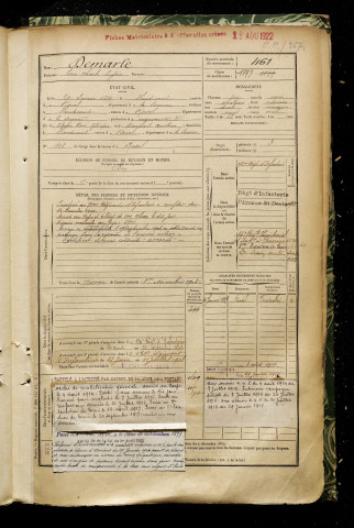 Demarle, Louis Charles Eugène, né le 20 février 1879 à Heudicourt (Somme), classe 1899, matricule n° 461, Bureau de recrutement de Péronne
