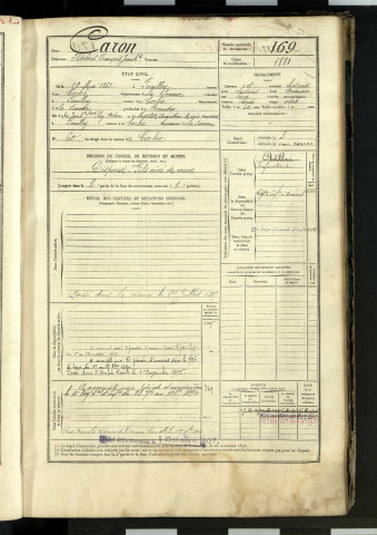 Caron, Ildebert François Jean-Baptiste, né le 19 mai 1861 à Fouilloy (Somme, France), classe 1881, matricule n° 169, Bureau de recrutement d'Amiens