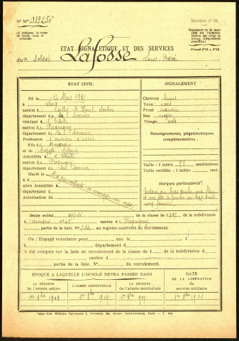 Lafosse, Louis Désiré, né le 14 mars 1885 à Long (Somme), classe 1905, matricule n° 214, Bureau de recrutement d'Amiens
