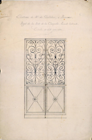 Château : dessin d'une porte pour la chapelle par l'architecte Delefortrie