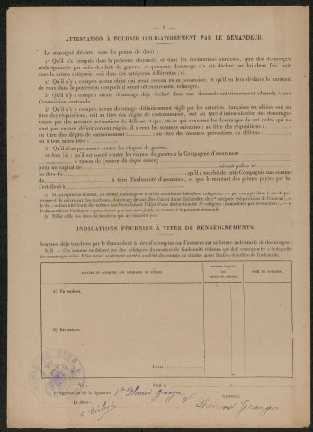 Fins. Demande d'indemnisation des dommages de guerre : dossier Dhénin-Granger