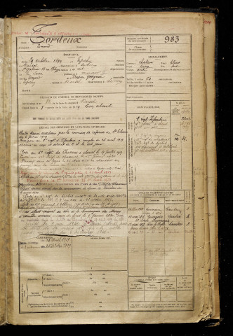 Tordeux, Edmond, né le 29 octobre 1899 à Épehy (Somme), classe 1919, matricule n° 983, Bureau de recrutement de Péronne