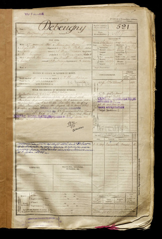 Debeugny, Augustin Joseph, né le 01 janvier 1901 à Hénin-sur-Cojeul (Pas-de-Calais), classe 1921, matricule n° 521, Bureau de recrutement d'Amiens