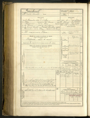 Jourdeuil, Nicolas Edouard, né le 6 décembre 1861 à Offoy (Somme, France), classe 1881, matricule n° 921, Bureau de recrutement Péronne