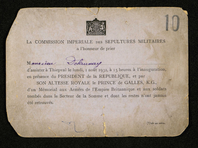 Invitation de la Commission impériale des sépultures militaires adressée à M. Delaunay pour l'inauguration du mémorail de Thiepval le 1er août 1932