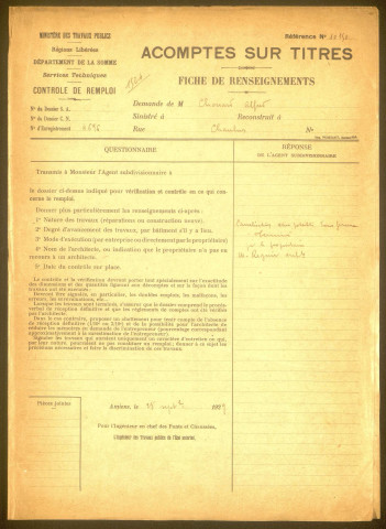 Chaulnes. Demande d'indemnisation des dommages de guerre : dossier Alfred Chouard