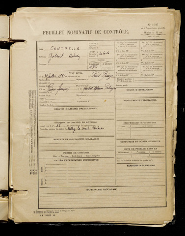 Cantrelle, Gabriel Adrien, né le 03 juillet 1891 à Pont-Remy (Somme), classe 1911, matricule n° 461, Bureau de recrutement d'Abbeville
