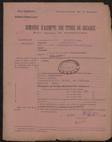 Damery. Demande d'indemnisation des dommages de guerre : dossier Bourbier-Thiébaut