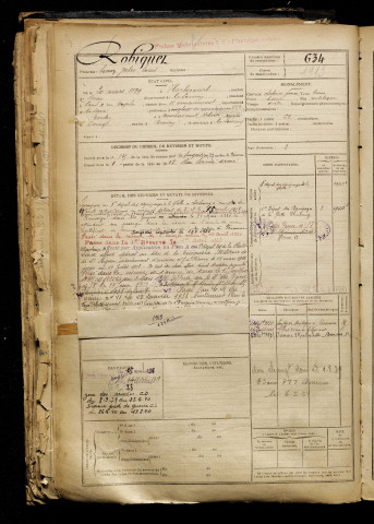 Robiquet, Simon Jules Louis, né le 20 mars 1899 à Herbécourt (Somme), classe 1919, matricule n° 634, Bureau de recrutement de Péronne