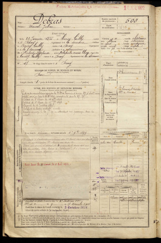 Debras, Marcel Julien, né le 31 janvier 1875 à Cerisy (Somme), classe 1895, matricule n° 500, Bureau de recrutement de Péronne
