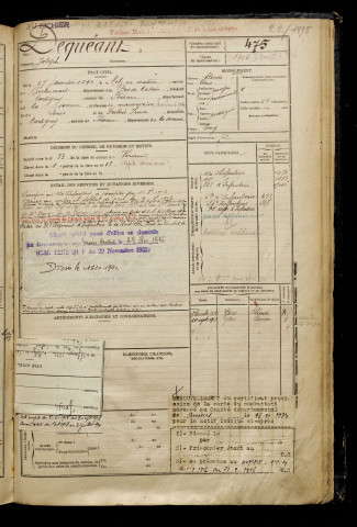 Dequéant, Joseph, né le 27 janvier 1892 à Metz-en-Couture (Pas-de-Calais), classe 1912, matricule n° 475, Bureau de recrutement de Péronne