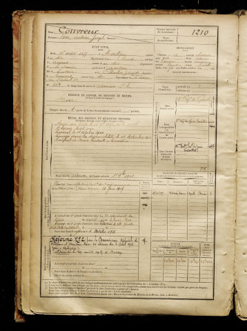 Couvreur, Léon Antoine Joseph, né le 16 août 1877 à Montigny-en-Ostrevent (Nord), classe 1897, matricule n° 1210, Bureau de recrutement d'Amiens