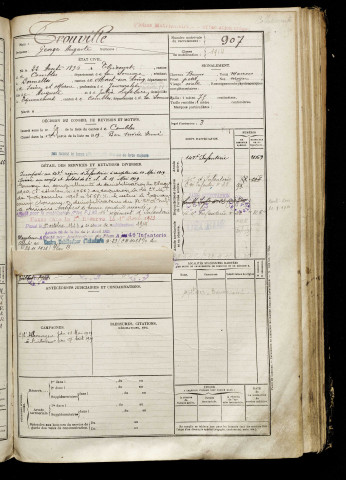 Trouville, Georges Auguste, né le 22 août 1896 à Étricourt-Manancourt (Somme), classe 1916, matricule n° 907, Bureau de recrutement de Péronne