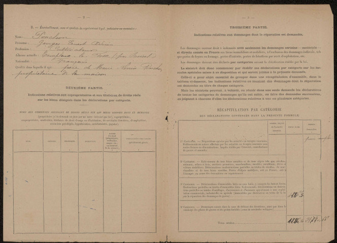 Péronne. Demande d'indemnisation des dommages de guerre : dossier Ponchon