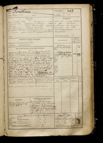 Ponthieu, Georges Emile, né le 09 octobre 1889 à Camon (Somme), classe 1909, matricule n° 407, Bureau de recrutement d'Amiens