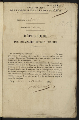 Répertoire des formalités hypothécaires, du 9/03/1855 au 4/09/1855, registre n° 202 (Abbeville)
