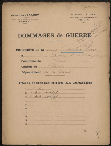 Péronne. Demande d'indemnisation des dommages de guerre : dossier Arcelin