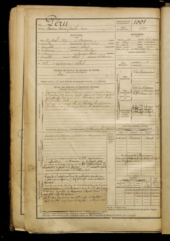 Péru, Romain François Joseph, né le 12 avril 1877 à Bucquoy (Pas-de-Calais), classe 1897, matricule n° 1001, Bureau de recrutement de Péronne