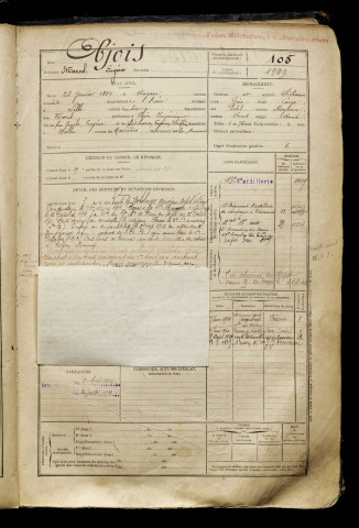 Objois, Marcel Eugène, né le 28 janvier 1889 à Noyon (Oise), classe 1909, matricule n° 105, Bureau de recrutement de Péronne