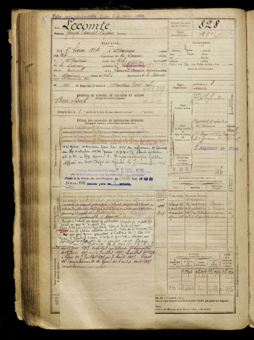 Lecomte, Georges Edmond Eugène, né le 01 février 1884 à Amiens (Somme), classe 1904, matricule n° 828, Bureau de recrutement d'Amiens