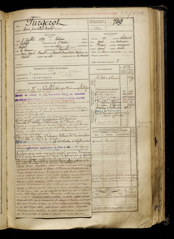 Furgerot, Marie Jean Louis Nicolas, né le 08 juillet 1889 à Estrées (Aisne), classe 1909, matricule n° 749, Bureau de recrutement de Péronne