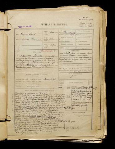 Couvillers, Octave Fernand, né le 08 mars 1890 à Amiens (Somme), classe 1910, matricule n° 764, Bureau de recrutement d'Amiens
