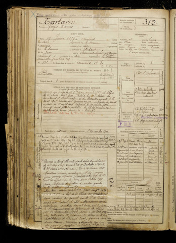 Tartarin, Georges Marius, né le 19 janvier 1879 à Amiens (Somme), classe 1899, matricule n° 312, Bureau de recrutement d'Amiens