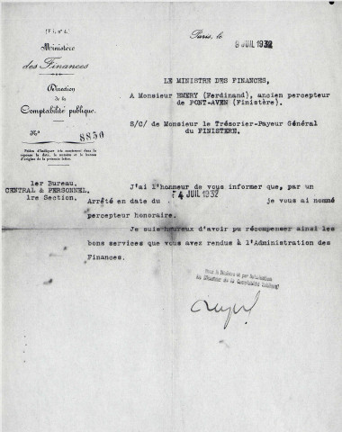Nommination d'Eugène Ferdinand Marie Emery en qualité de percepteur honoraire, par arrêté en date du 4 juillet 1932