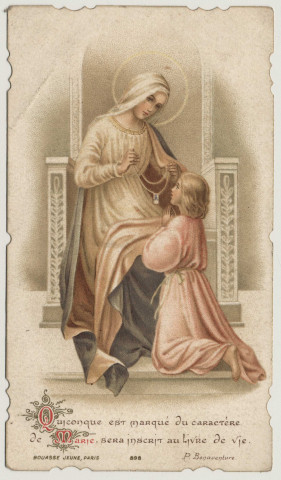 Quiconque est marqué du caractère de marie, sera inscrit au Livre de la Vie. La Vierge et un enfant. Le scapulaire (Père de la Colombière)