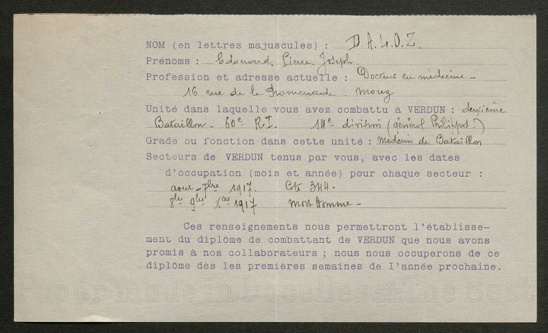 Témoignage de Daloz, Edouard (Médecin aide major) et correspondance avec Jacques Péricard