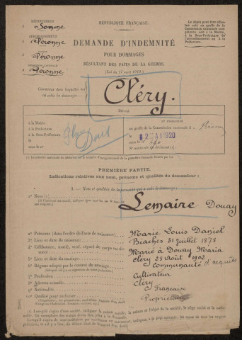 Cléry-sur-Somme. Demande d'indemnisation des dommages de guerre : dossier Lemaire-Douay