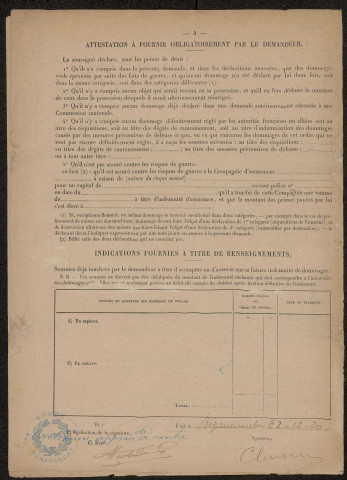Etricourt-Manancourt. Demande d'indemnisation des dommages de guerre : dossier Clauin-Delmare