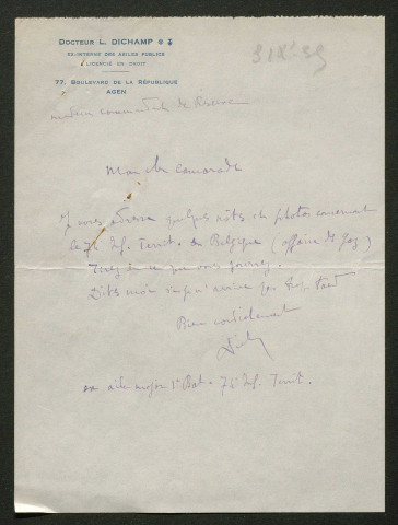 Témoignage de Dichamp, L. (Médecin aide major) et correspondance avec Jacques Péricard