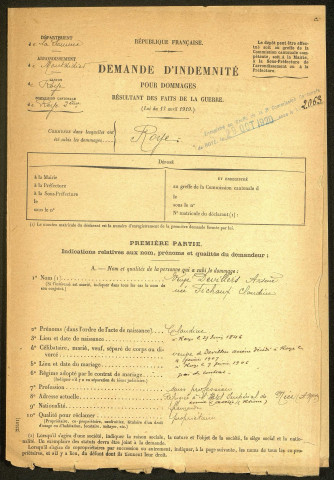 Roye. Demande d'indemnisation des dommages de guerre : dossier Devillers-Fichaux