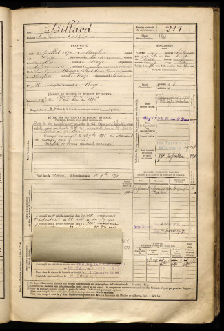 Billard, Louis Emmanuel Adolphe, né le 23 juillet 1874 à Roiglise (Somme), classe 1894, matricule n° 217, Bureau de recrutement de Péronne