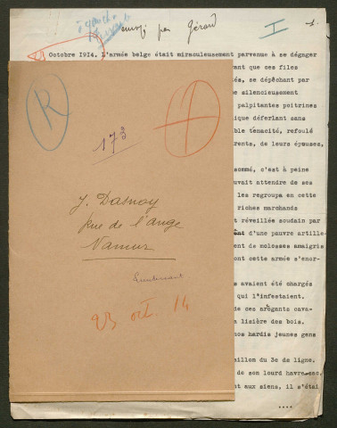 Témoignage de Dasnoy, J. (Lieutenant) et correspondance avec Jacques Péricard