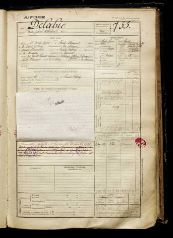 Delabie, Iréné Julien Adhélard, né le 18 avril 1901 à Saint-Blimont (Somme), classe 1921, matricule n° 733, Bureau de recrutement d'Abbeville