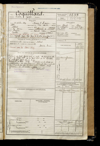 Coquillard, Pierre Joseph, né le 12 octobre 1894 à Bourg-Saint-Maurice (Savoie), classe 1914, matricule n° 1259, Bureau de recrutement de Péronne