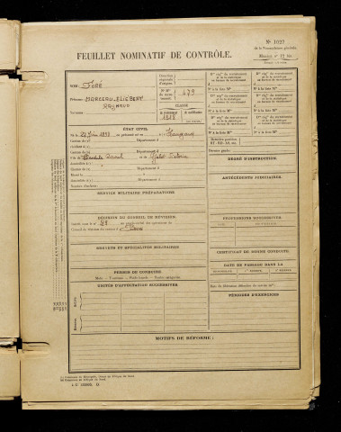 Foré, Marceau Eliébert Raynaud, né le 27 juin 1898 à Hangard (Somme), classe 1918, matricule n° 479, Bureau de recrutement d'Amiens