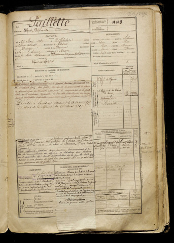 Paillette, Alfred Alphonse, né le 24 mars 1889 à Taillefontaine (Aisne), classe 1909, matricule n° 443, Bureau de recrutement de Péronne