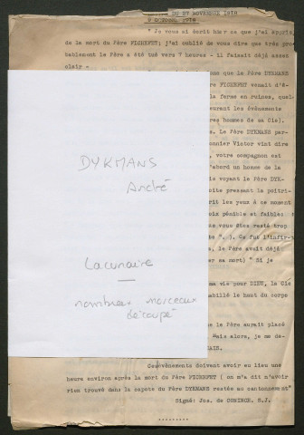 Témoignage de Dykmans, André et correspondance avec Jacques Péricard