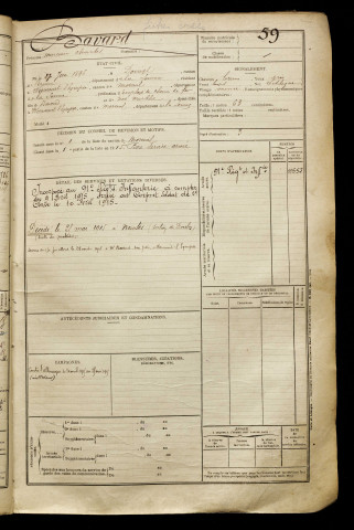 Bavard, Marceau Charles, né le 27 juin 1896 à Doingt (Somme), classe 1916, matricule n° 59, Bureau de recrutement de Péronne