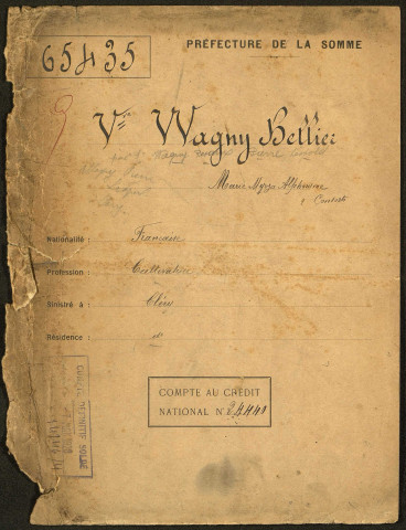 Cléry-sur-Somme. Demande d'indemnisation des dommages de guerre : dossier Wagny-Bellier