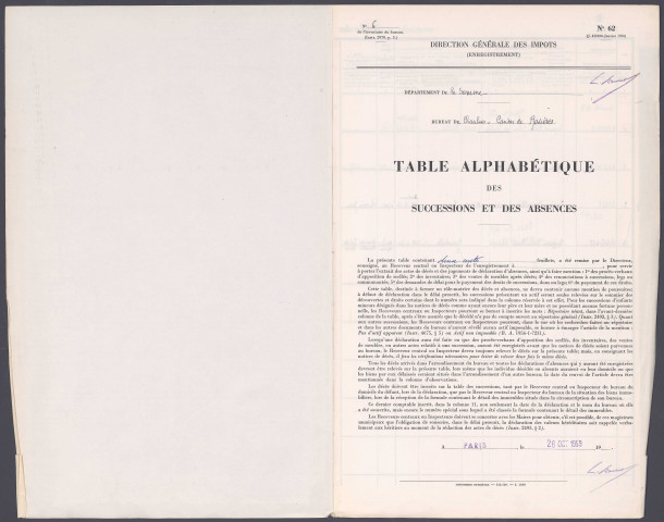 Table des successions et absences du bureau de Rosières-en-Santerre