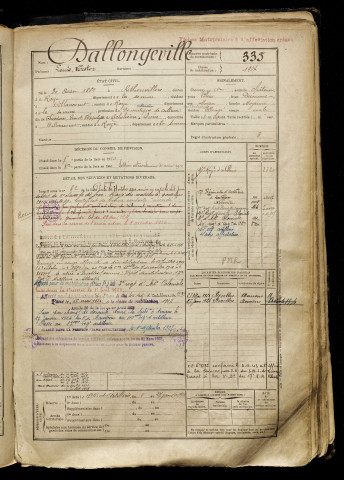 Dallongeville, Louis Nestor, né le 30 août 1889 à Rethonvillers (Somme), classe 1909, matricule n° 335, Bureau de recrutement de Péronne